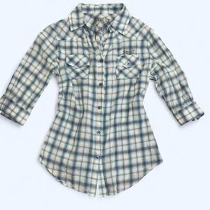 Y2K‎ Seven7 fitted blue plaid button-up with embroidered logo